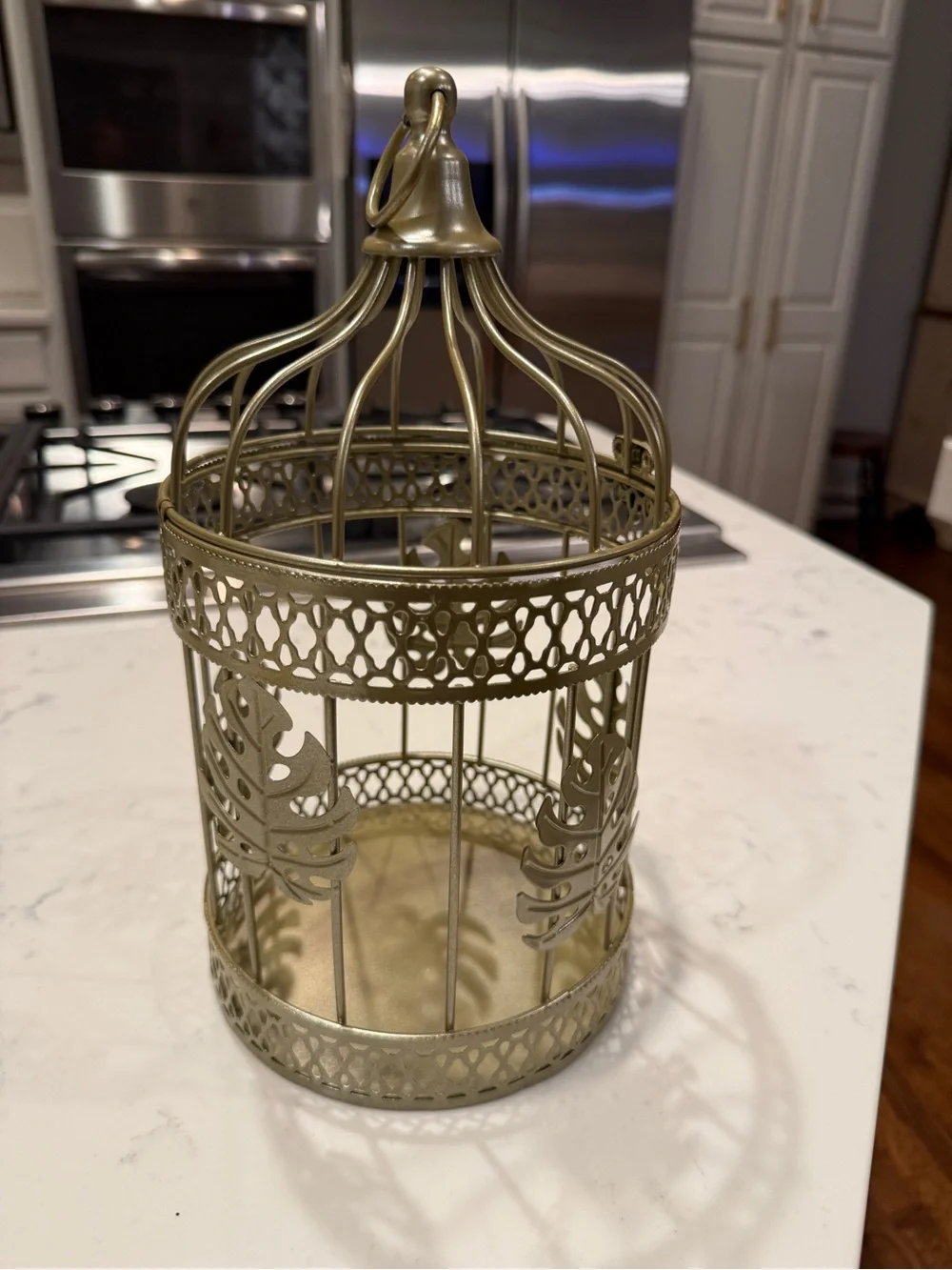 Gold Metal Birdcage Lantern Candle Holder Monstera Leaf Tropical Boho Decor